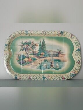 Vintage Scenic Metal Serving Tray in Mint Green and Cream with Swans